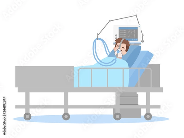 Fototapeta A Man is lying on a bed in a hospital room, The patient connected to a ventilator In a flat cartoon style, Healthcare concept.