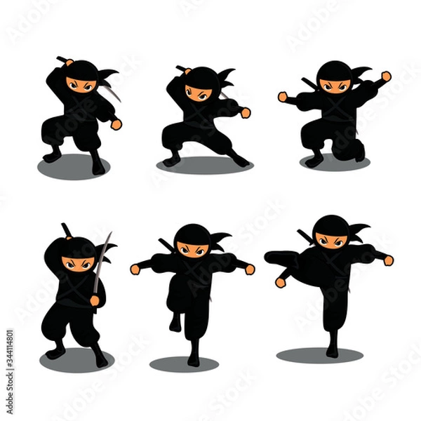 Fototapeta Cartoon black ninja action set number 1