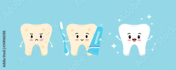 Fototapeta Cute tooth with yellow plaque becomes white and healthy tooth with help of toothpaste, toothbrush.