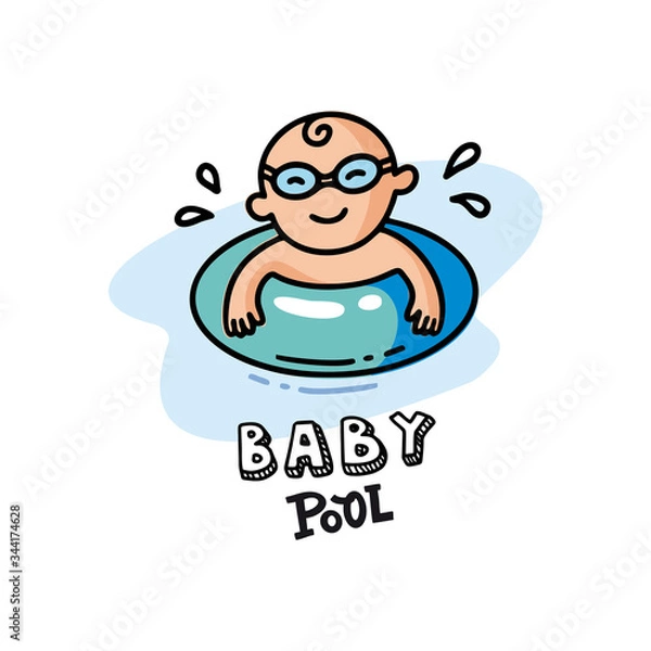 Obraz Icon Vector flat illustration of baby in swimming goggles swims in the sea. Healthy and cheerful child in the inflatable circle. Logo Summer print for the children's swimming pool 