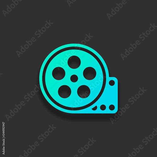 Fototapeta Film roll, old movie strip icon, cinema logo. Colorful logo concept with soft shadow on dark background. Icon color of azure ocean