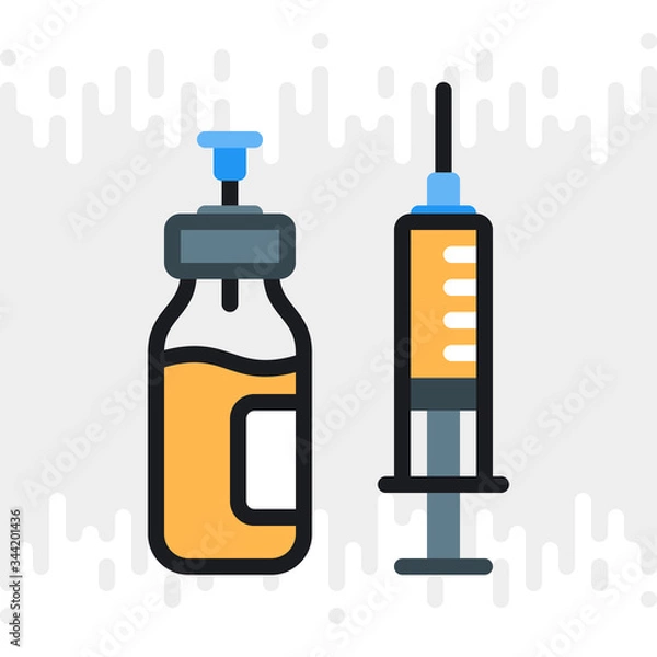 Fototapeta Vaccine bottle with syringe icon. Medical injection or vaccination concept. Simple color version on light gray background