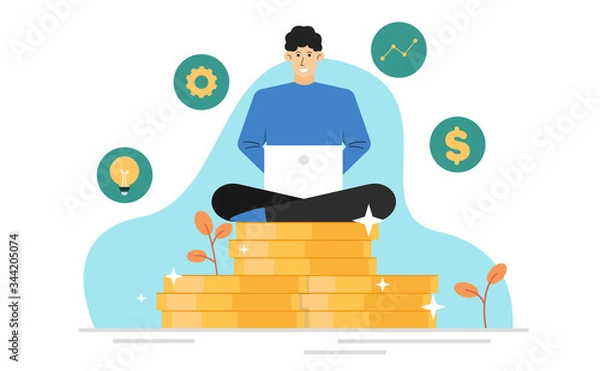 Fototapeta Man sitting on a pile of money,Financial management and strategy for profit making,Vector illustration banner background website landing page