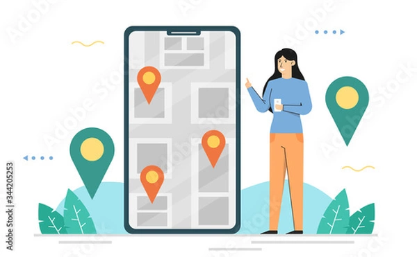 Fototapeta Using application for map and destination,Finding location via phone,Banner background of landing page
