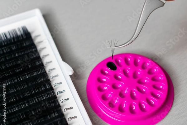Fototapeta A volume fan made for eyelash extensions treatment being dipped into lash glue adhesive.  A tray of russian volume lashes is included in the frame and a pair of silvery metal dumont tweezers