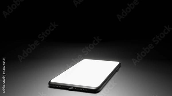 Fototapeta 8K 3D Rendered Isolated Smartphone on the Floor in the Dark Room with One Light Source and Screen turn on