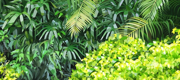 Fototapeta Green background of dense lush vegetation in the jungle