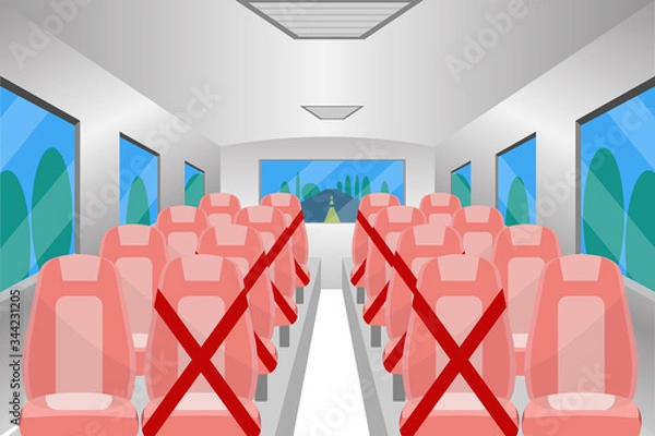 Fototapeta Social distancing chair space inside bus,  for protect pandemic of virus Covid-19, COVID-19 Quarantine. Pandemic Coronavirus Reducing risk of infection, social distancing concept.