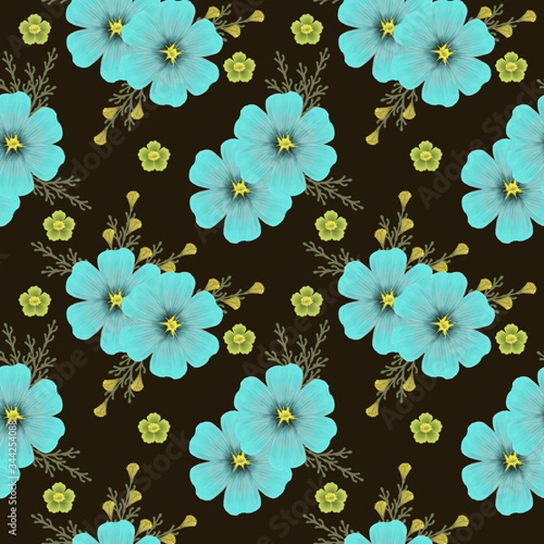 Obraz 
Digital drawing of a seamless texture with blue flowers on a black background.