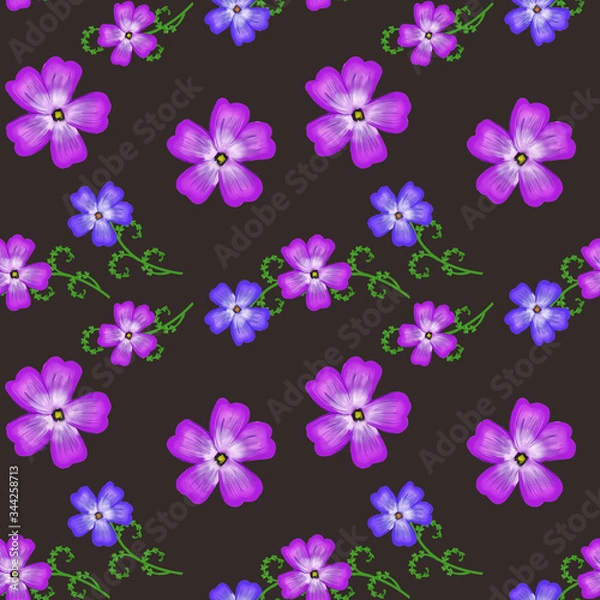 Obraz Digital illustration of a seamless texture with lilac and blue flowers.