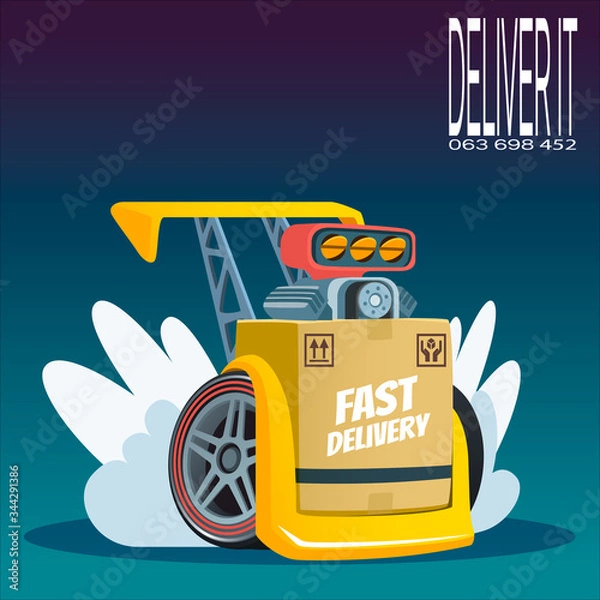Obraz Package with racing wheels and motor on Purple - Blue background. Online delivery service concept. Webpage, app design. E-commerce concept. landing page, delivery website, banner.