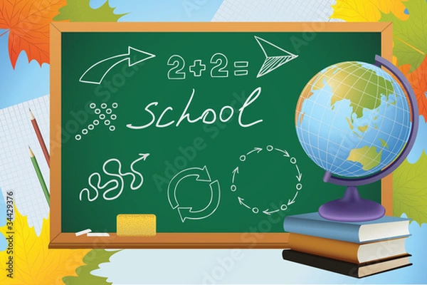 Fototapeta school autumn background with symbols on blackboard, globe and b