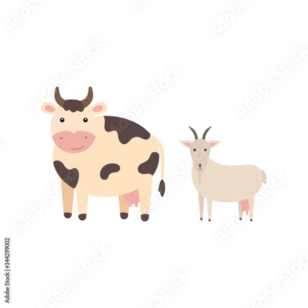 Fototapeta Farm black spotted cow and goat, cartoon vector illustration isolated on white background. Cute cartoon domestic cow and goat side view. Print for nursery.