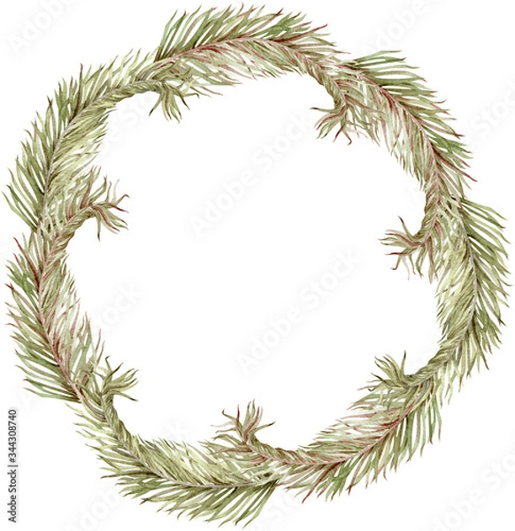 Fototapeta Watercolor tropical green frame with areca palm leaves. Exotic summer template. Hand-drawn sago palm wreath.