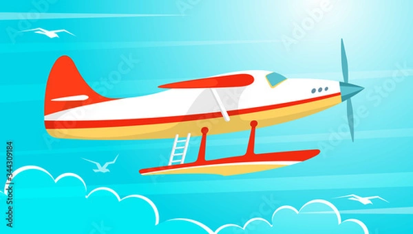 Fototapeta turboprop, single-engine aircraft in the blue sky, gaining altitude. Clouds and white seagulls in the sky. Vector illustration