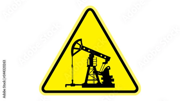 Obraz Problems in the oil industry. Warning sign about the oil crisis. Yellow triangle with an oil rig inside. Problems in the global fuel market. Natural resource extraction.