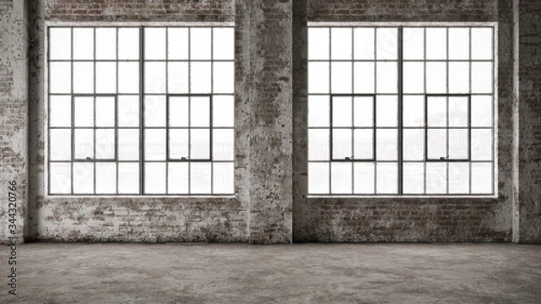 Fototapeta Empty, large interior with old brick walls and big windows.  Interior concept background . 3d Render
