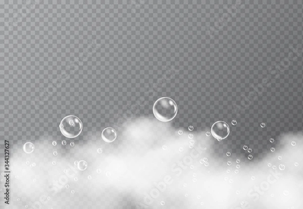 Fototapeta Bath foam isolated on transparent background. Shampoo bubbles texture. soap dissolved in water. The effect of washing.