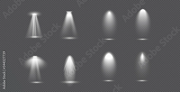 Fototapeta Scene illumination big collection, concert lighting, stage spotlights. Spot lighting of the stage. Transparent Special effect for your design