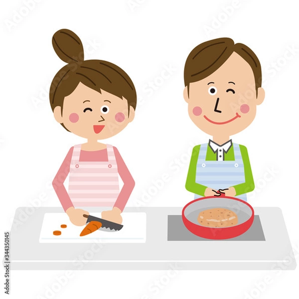Fototapeta ポップな男女　二人でお料理