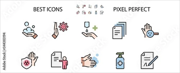Fototapeta Washing Hands Filled Outline Icons. Colorful Linear Set Vector Line Icon. Washing Instruction, Antiseptic, Soap and more. 64x64 Pixel Perfect. Editable Stroke