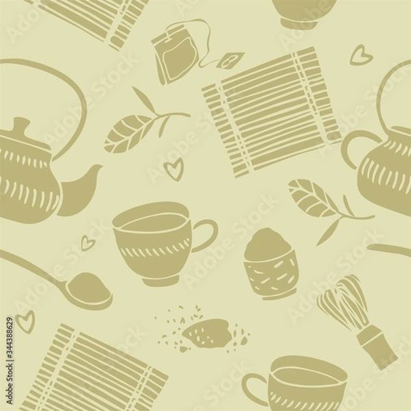 Fototapeta Tea seamless pattern. Vintage pictures mugs, teapot, tea leaves, whisk for invitations, wrapping paper, Wallpaper, print for fabric. Hand-drawn vector illustration