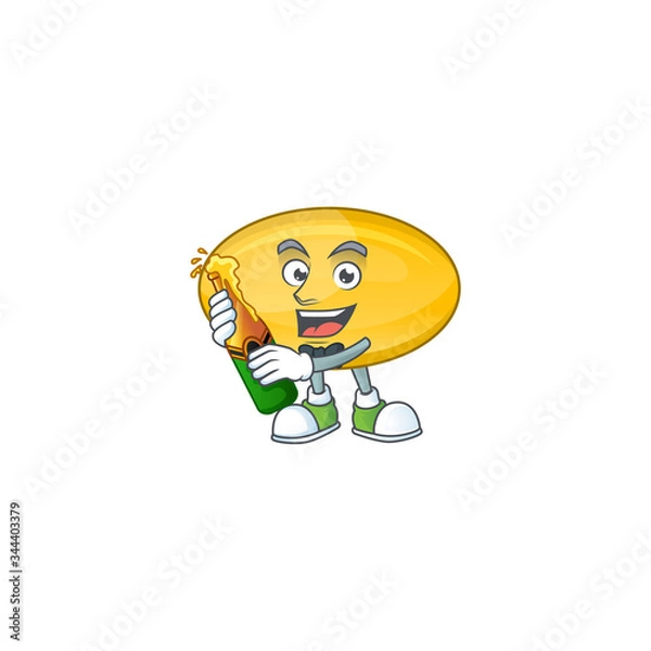 Fototapeta Mascot cartoon design of oil capsule making toast with a bottle of beer