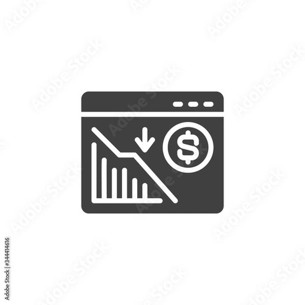 Fototapeta Dollar rate website vector icon. filled flat sign for mobile concept and web design. Webpage with dollar rate decrease glyph icon. Economic bankruptcy symbol, logo illustration. Vector graphics