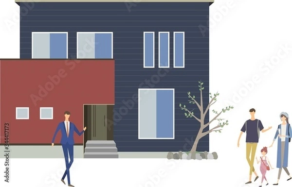 Obraz 住宅展示場やモデルハウスのカットイラスト　見学する家族