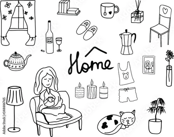 Fototapeta Stay home. Hand drawn set with home items. Girl sitting in plaid, coffee, tea pots, vase, flowerpot, curtains, cat, candles. Vector isolated elements. Doodle style. Outline