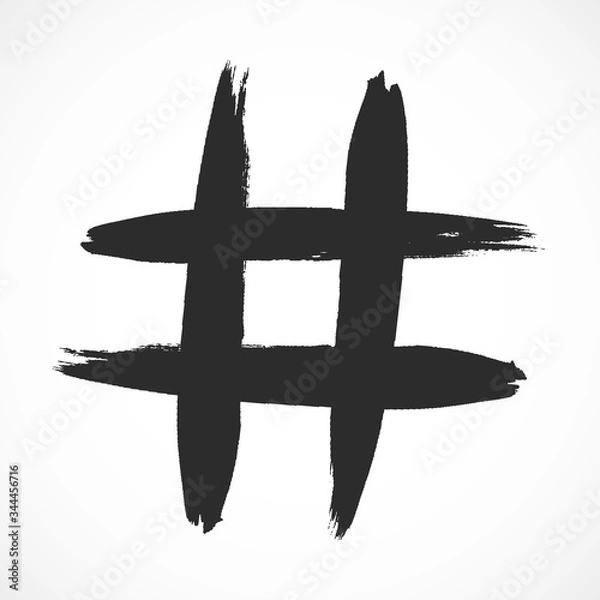 Fototapeta Hashtag hand drawn brush stroke dirty art symbol icon sign isolated on white background. Black and white composition of the symbol hashtag.