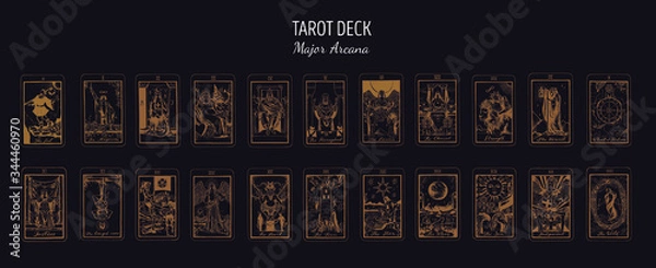 Obraz Big Tarot card deck.  Major arcana set part  . Vector hand drawn engraved style. Occult and alchemy symbolism. The fool, magician, high priestess, empress, emperor, lovers, hierophant, chariot
