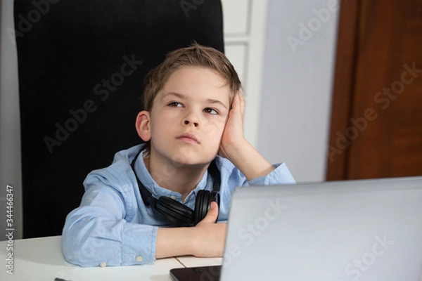 Obraz e-learning from home - lovely young boy working with his computer