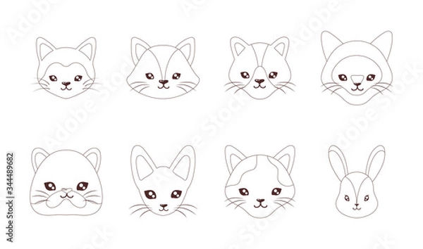Obraz set of heads of cats and dogs , line style icon