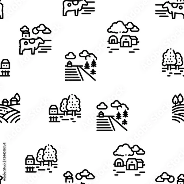 Obraz Farming Landscape Seamless Pattern Vector Thin Line. Illustrations