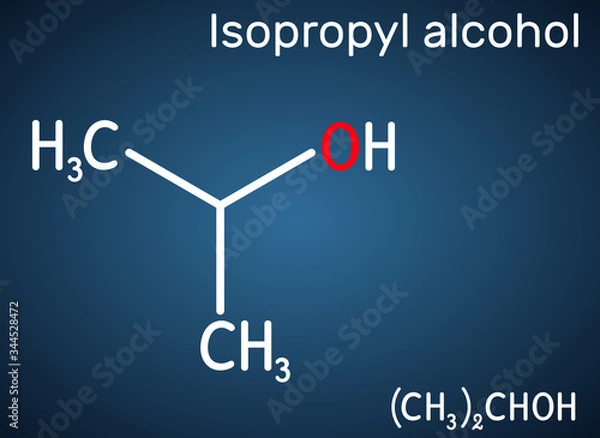 Obraz Isopropyl alcohol, 2-propanol, isopropanol, C3H8O molecule. It is isomer of propyl alcohol, used as antiseptic in disinfectants, detergents. Structural chemical formula on the dark blue background