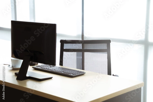 Fototapeta Modern office desk with computer work station. Concept of empty job, out of office, nobody.