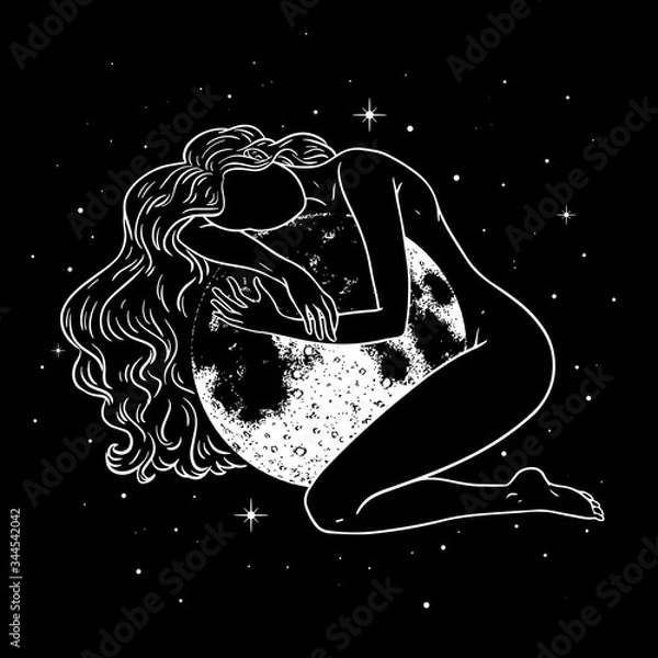 Fototapeta Beautiful woman hugging full moon in space, magic theme, goddess symbol. Vector illustration