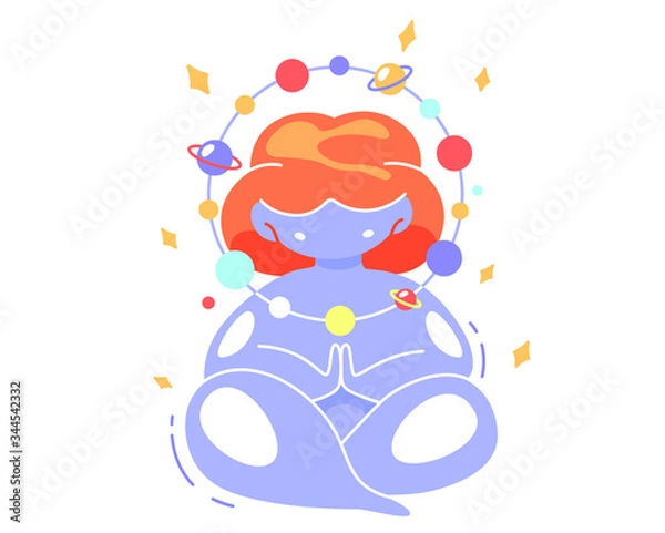 Obraz Colorful vector illustration space girl sitting in lotus position and meditating. World Yoga Day. Yoga exercises, body positive, taking care of physical and mental health, self-love, self-improvement.
