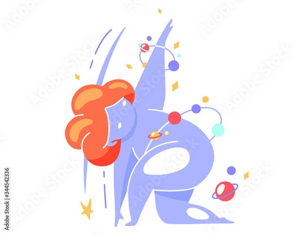 Obraz Colorful vector illustration of a space girl doing exercises from yoga. World Yoga Day, body positive, self-love, acceptance of one’s body, health care. Lunge with twisting, arm raised up, stretching.