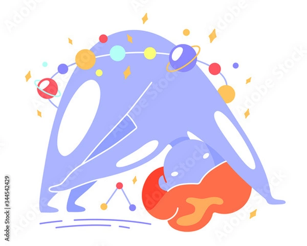 Obraz Cute vector isolated illustration of a space girl doing yoga. Twisting, stretching, tilting, health care. World Yoga Day. Body positive, love for yourself and your body. Cosmos theme.