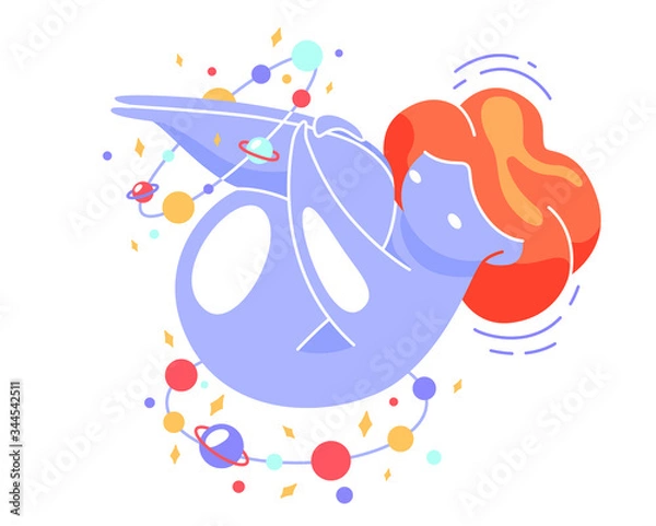Obraz Cute vector isolated illustration space girl doing yoga. Riding on your back, clasping your legs. Exercise to relax your back. World Yoga Day. Body positive, health care, self-love, self-acceptance.