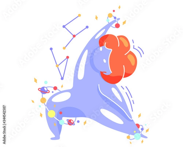 Obraz Cute vector isolated illustration fat space girl doing yoga exercise. Lunge with a hand raised up, stretching the sides. World Yoga Day. Body positive, health care, self-improvement, self-love.