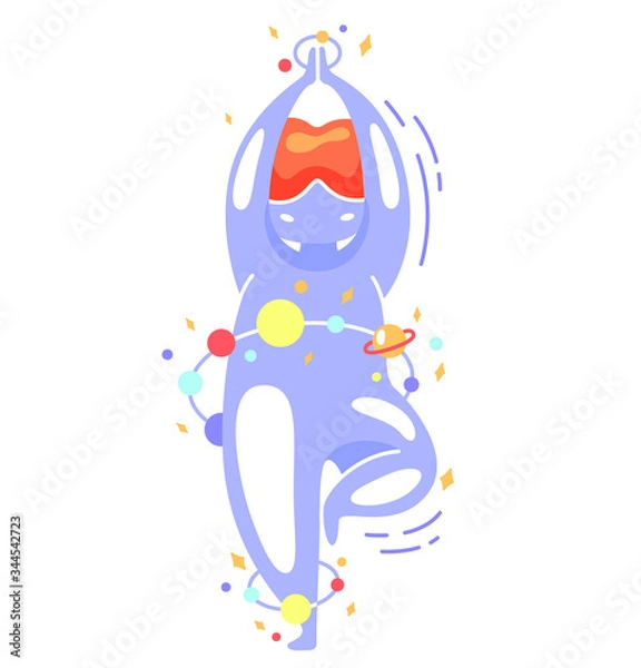 Obraz Cute vector isolated illustration of a fat space girl in a tree pose. Yoga, exercise on balance and concentration. World Yoga Day. Body positive, health care, acceptance of one’s body, self-love. 