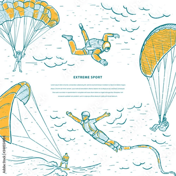 Fototapeta Extreme sports sketch vector template. Bungee jumping, kite surfing, free fall. Skydivers flying with a paraglider and parachute. Design for flyer,  invitation, poster and web banner