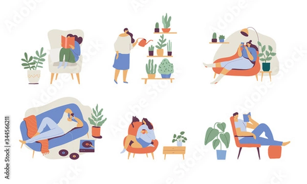 Fototapeta People spending time at home flat  vector illustration. Relaxing at home, leisure time