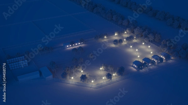 Fototapeta Farm concept with buildings, parking for cars, children's playground. 3D rendering.