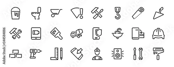 Obraz Set of construction icons, simple vector lines, contains the following icons: builder, roller, hammer with wrench, toilet bowl and much more. Editable stroke. 48x48 pixels perfect, white background