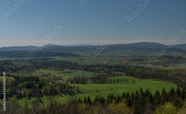 Fototapeta View from Svobodna hill in spring day with fields and meadows