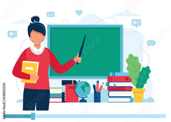 Fototapeta Online learning concept. Female teacher with books and chalkboard, video lesson. Vector illustration in flat style